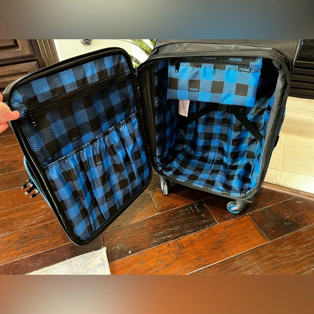 American Tourister Black and Blue Carry-On Spinner Suitcase